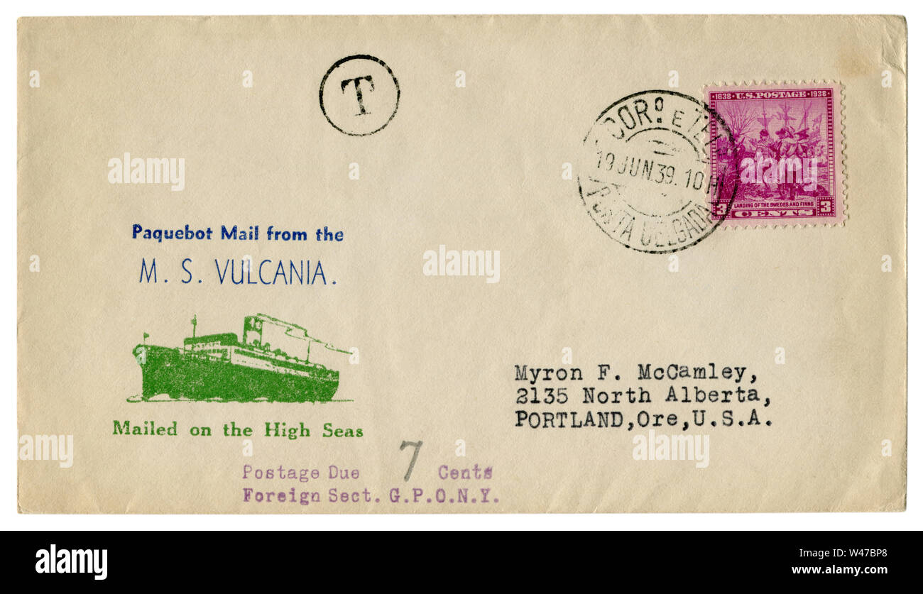 Punta Delgada, Argentina - 19 June 1939: US historical envelope: cover with cachet Paquebot Mail from the MS Vulcania, Mailed on the High Seas Stock Photo