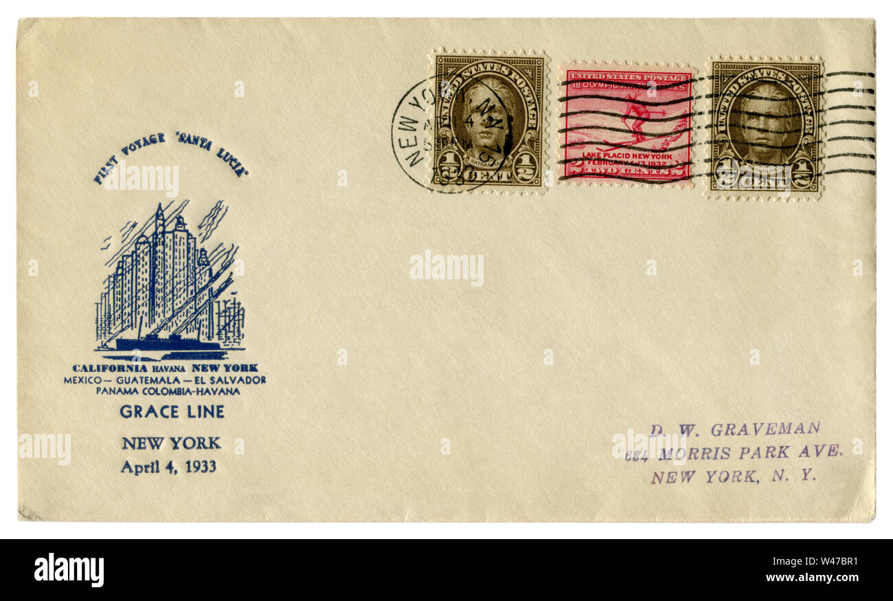 New York, The USA - 4 April 1933: US historical envelope: cover with cachet first voyage Santa Lucia, Grace Line, postage stamps Nathan Hale Stock Photo