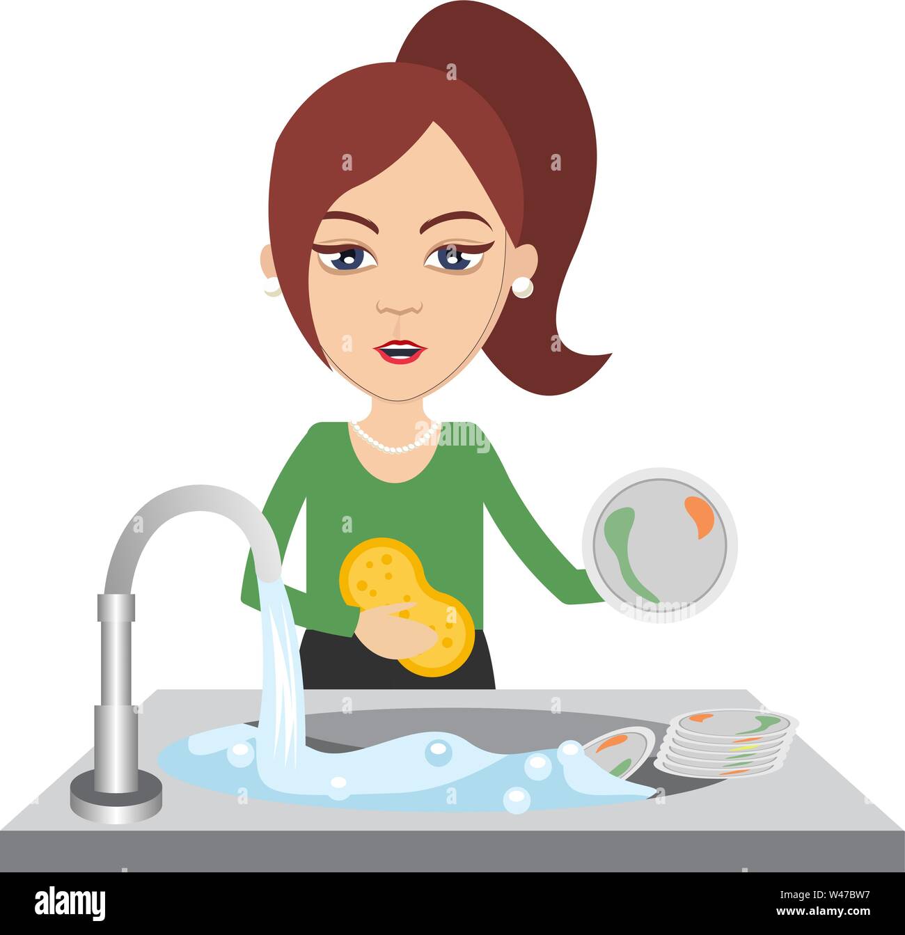 Woman washing dishes, illustration, vector on white background ...