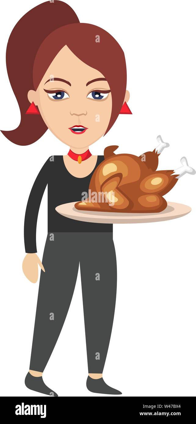 Woman with chicken, illustration, vector on white background. Stock Vector