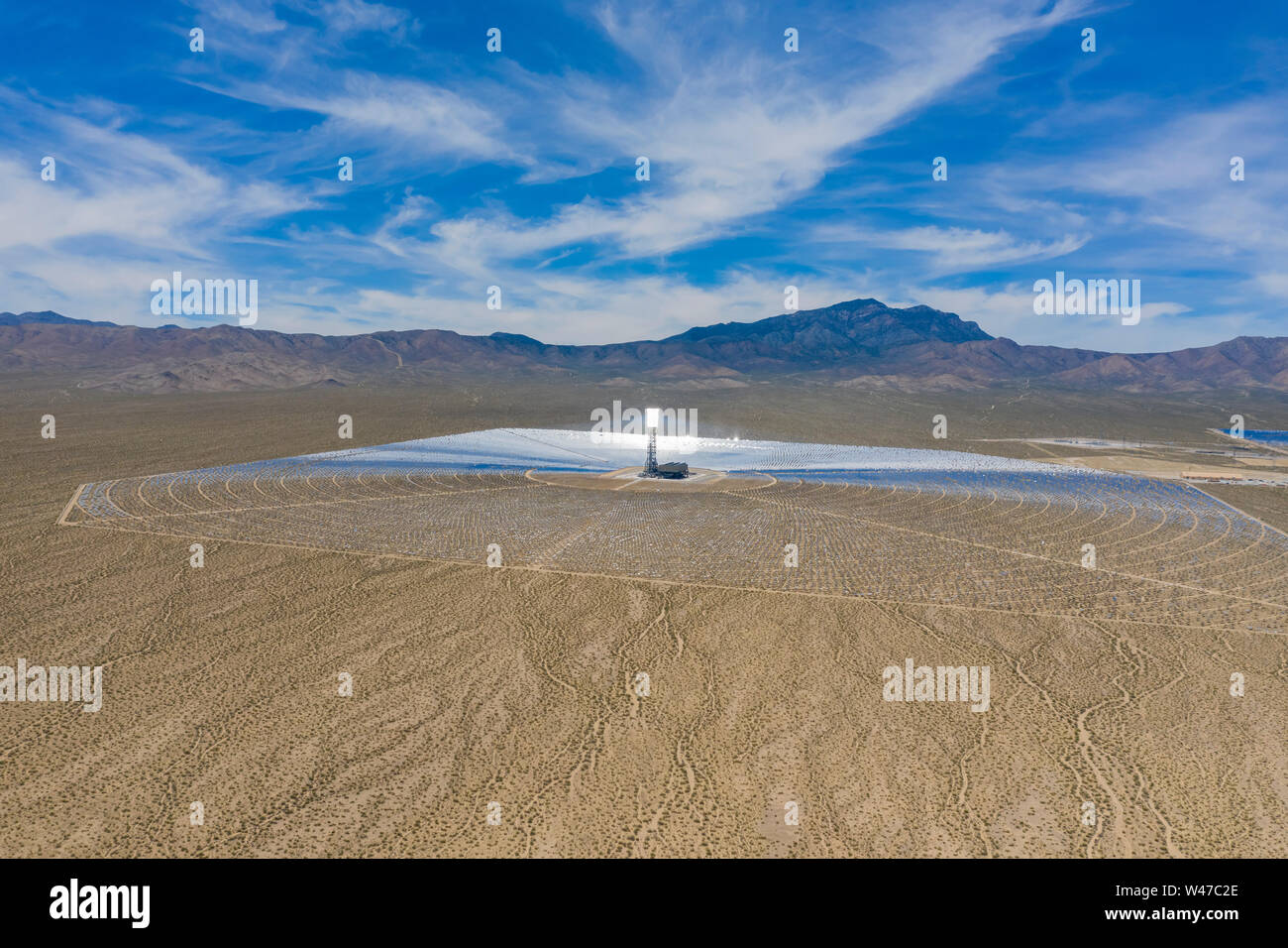 Aerial view of the solar tower of the Ivanpah Solar Electric Generating System at California Stock Photo