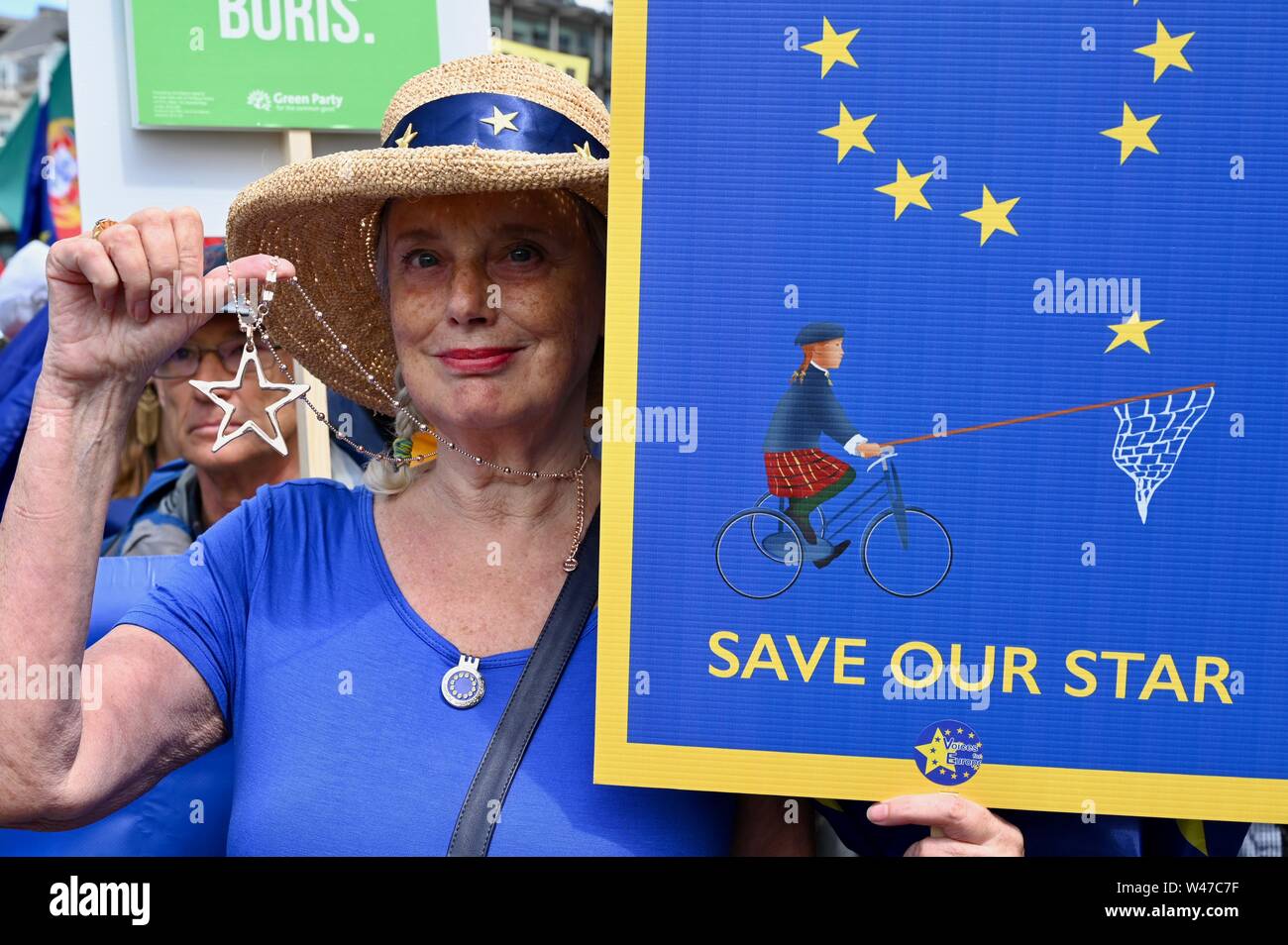 Protester with EU Star. March for Change. No to Boris. Yes to Europe. Anti-Brexit Protest, London. UK Stock Photo