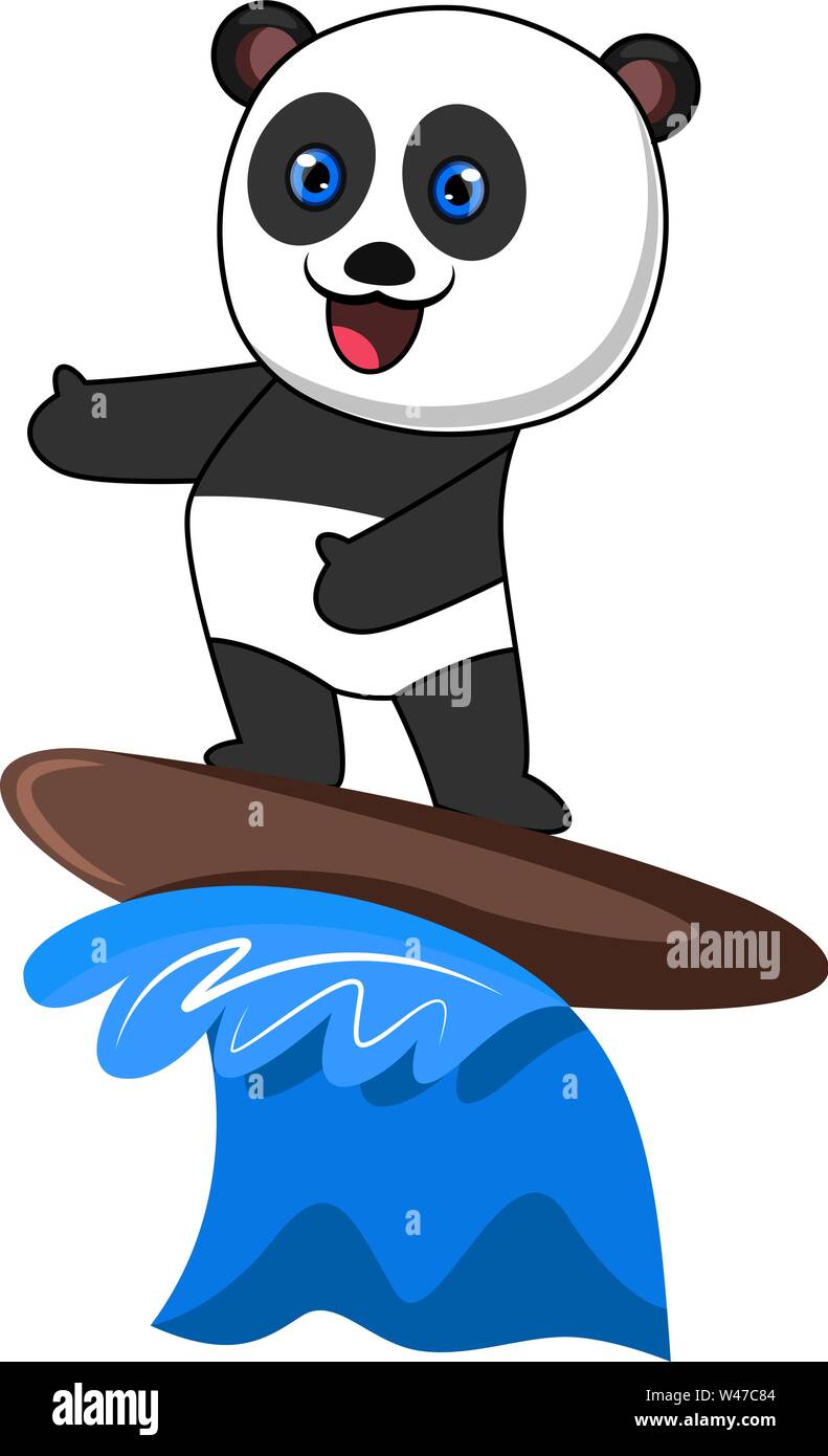 Panda surfing, illustration, vector on white background. Stock Vector