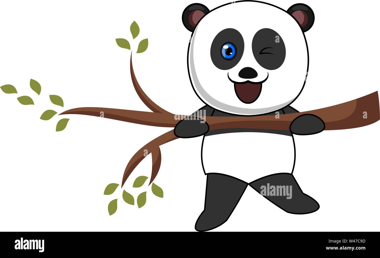 Panda on a branch, illustration, vector on white background. Stock Vector