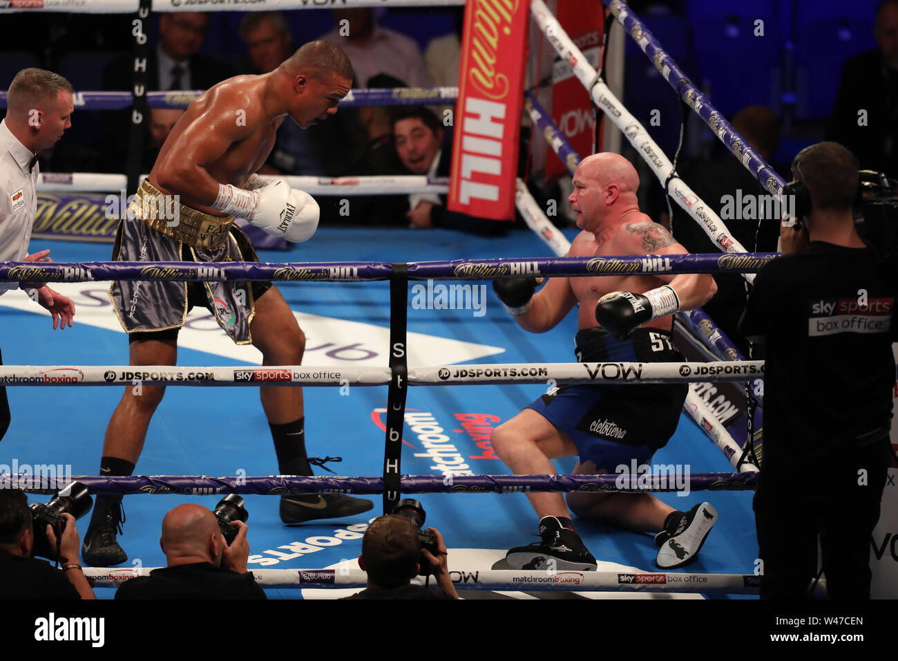 20th July 2019, The 02 Arena, London, England; Heavyweight Boxing, WBC Final Eliminator, Whyte versus Rivas; On the undercard, Fabio Wardley knocks down Mariano Ruben Diaz Strunz Credit: Action Plus Sports Images/Alamy Live News Stock Photo