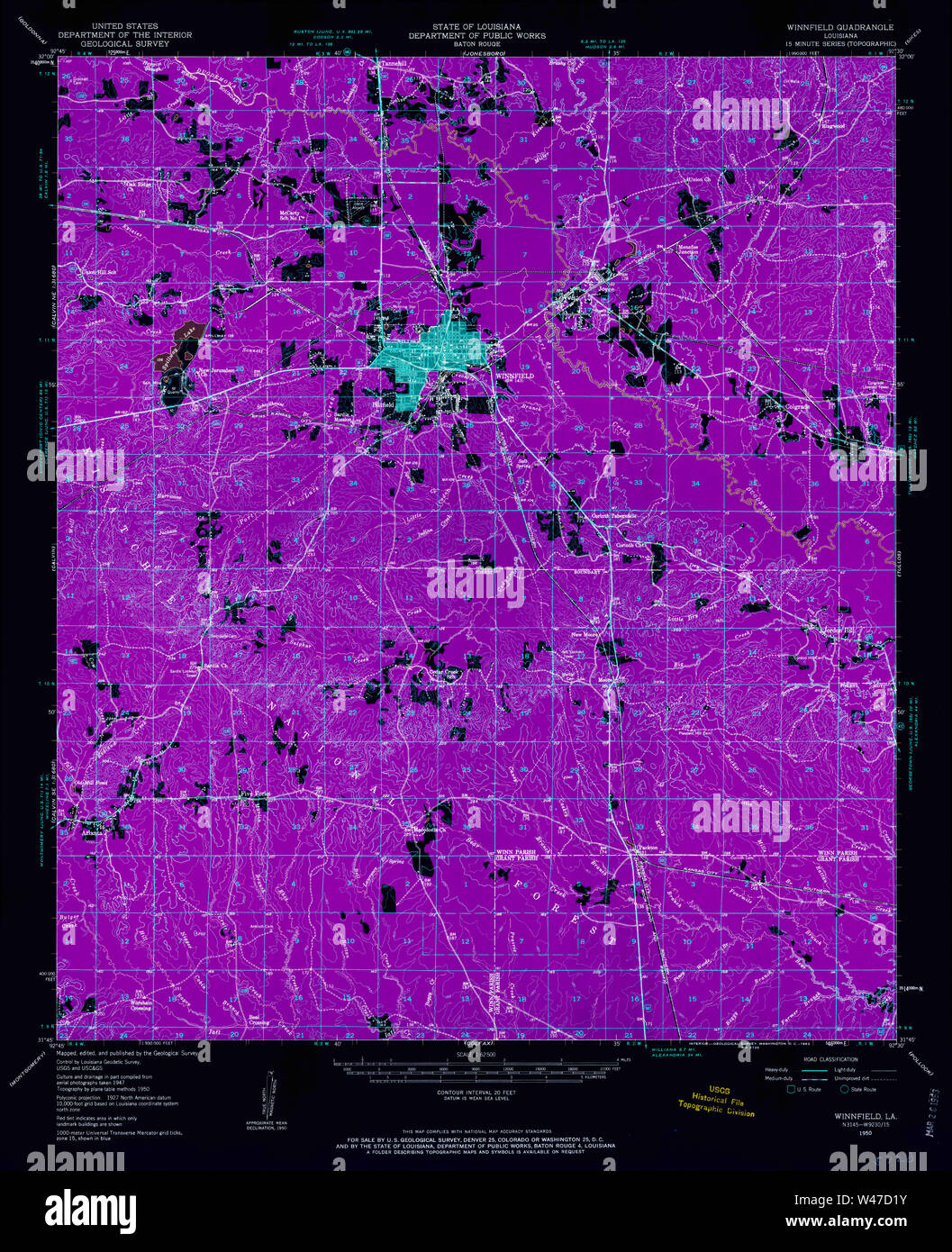USGS TOPO Map Louisiana LA Winnfield 335124 1950 62500 Inverted Stock Photo