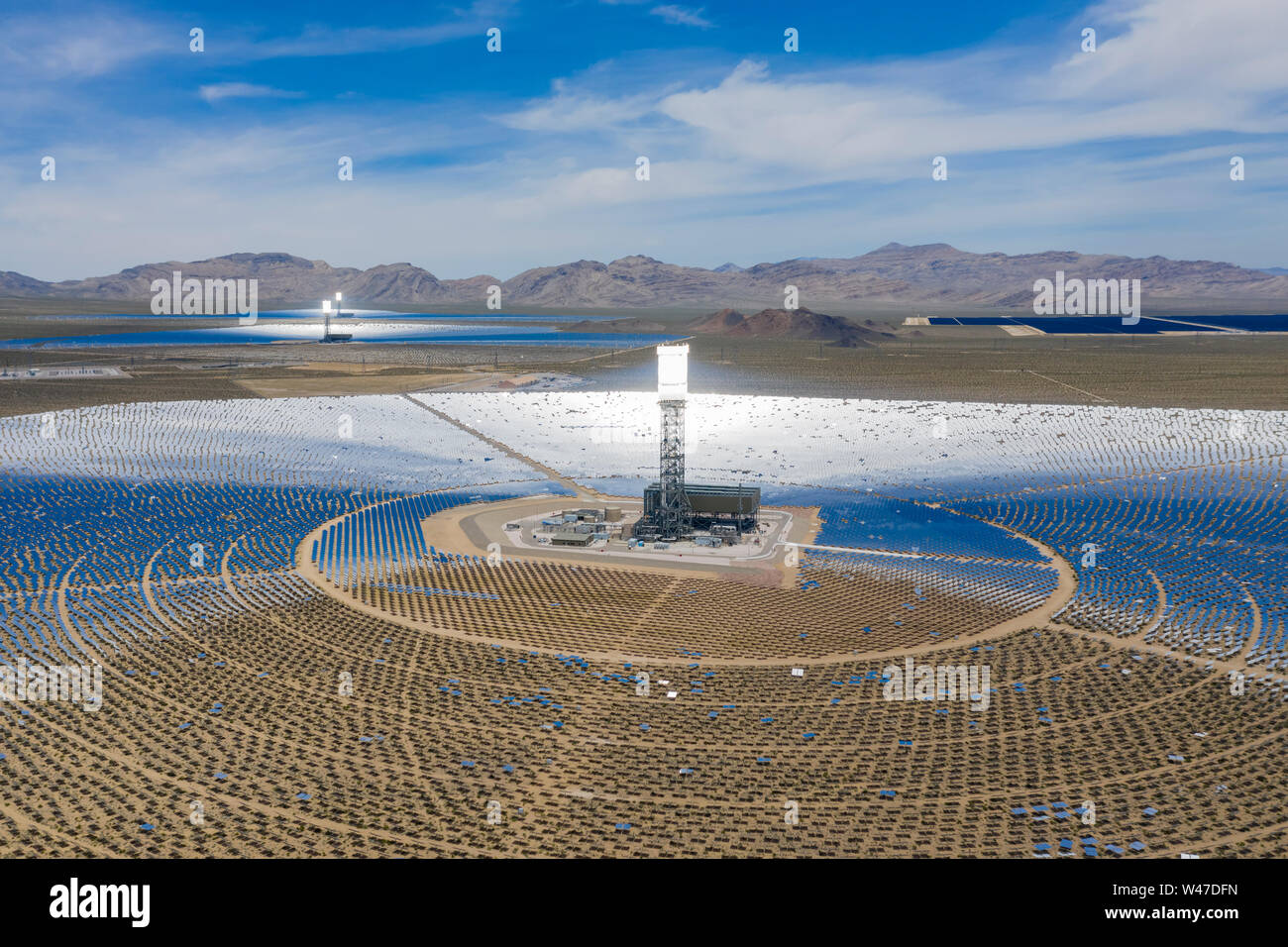 Aerial view of the solar tower of the Ivanpah Solar Electric Generating System at California Stock Photo