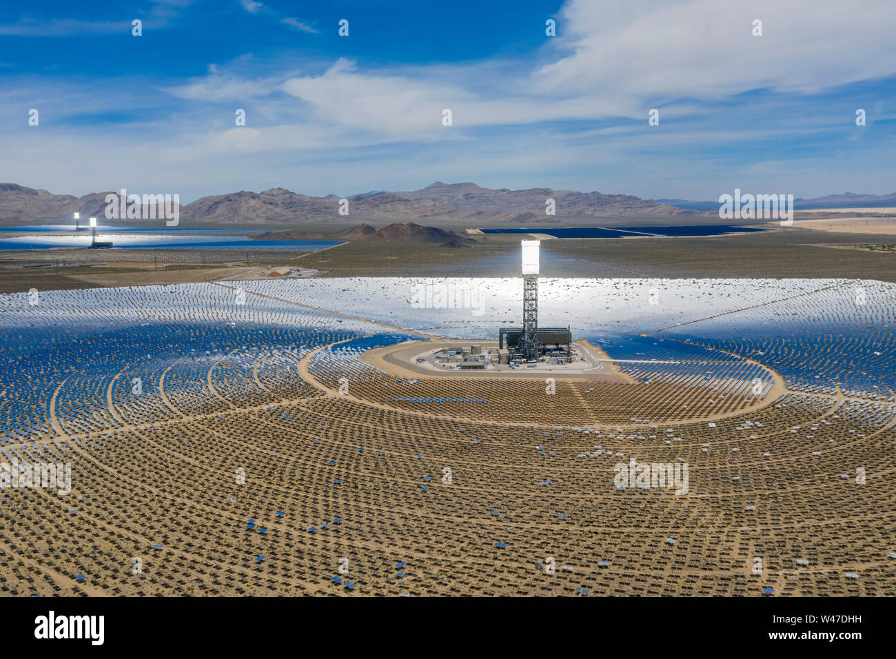 Aerial view of the solar tower of the Ivanpah Solar Electric Generating System at California Stock Photo