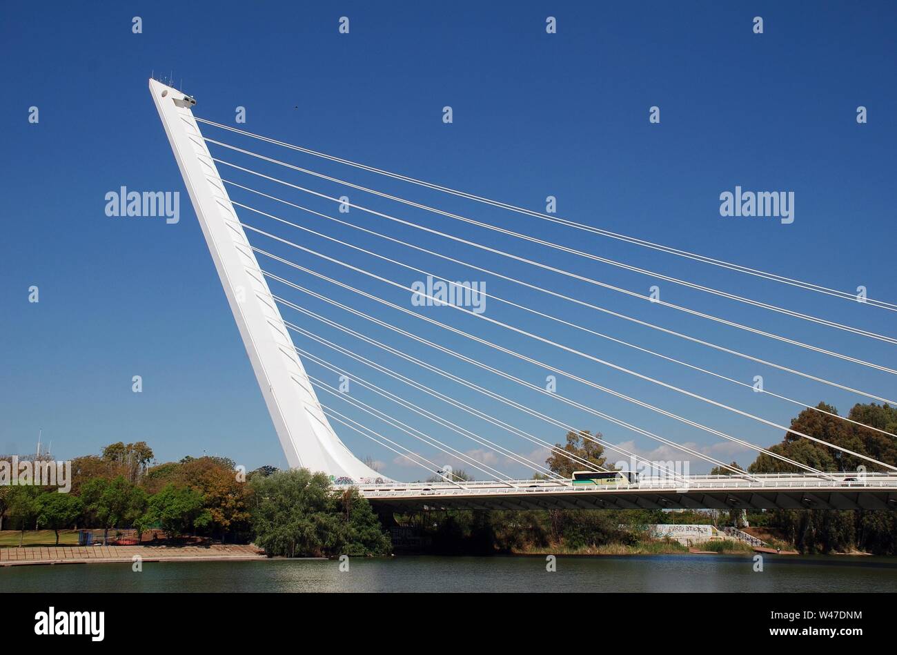 The Puente del Alamillo in Seville, Spain on April 3, 2019. Designed by Santiago Calatrava, it opened in 1992 for the Universal Exposition. Stock Photo