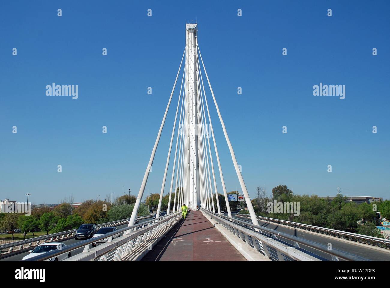 The Puente del Alamillo in Seville, Spain on April 3, 2019. Designed by Santiago Calatrava, it opened in 1992 for the Universal Exposition. Stock Photo