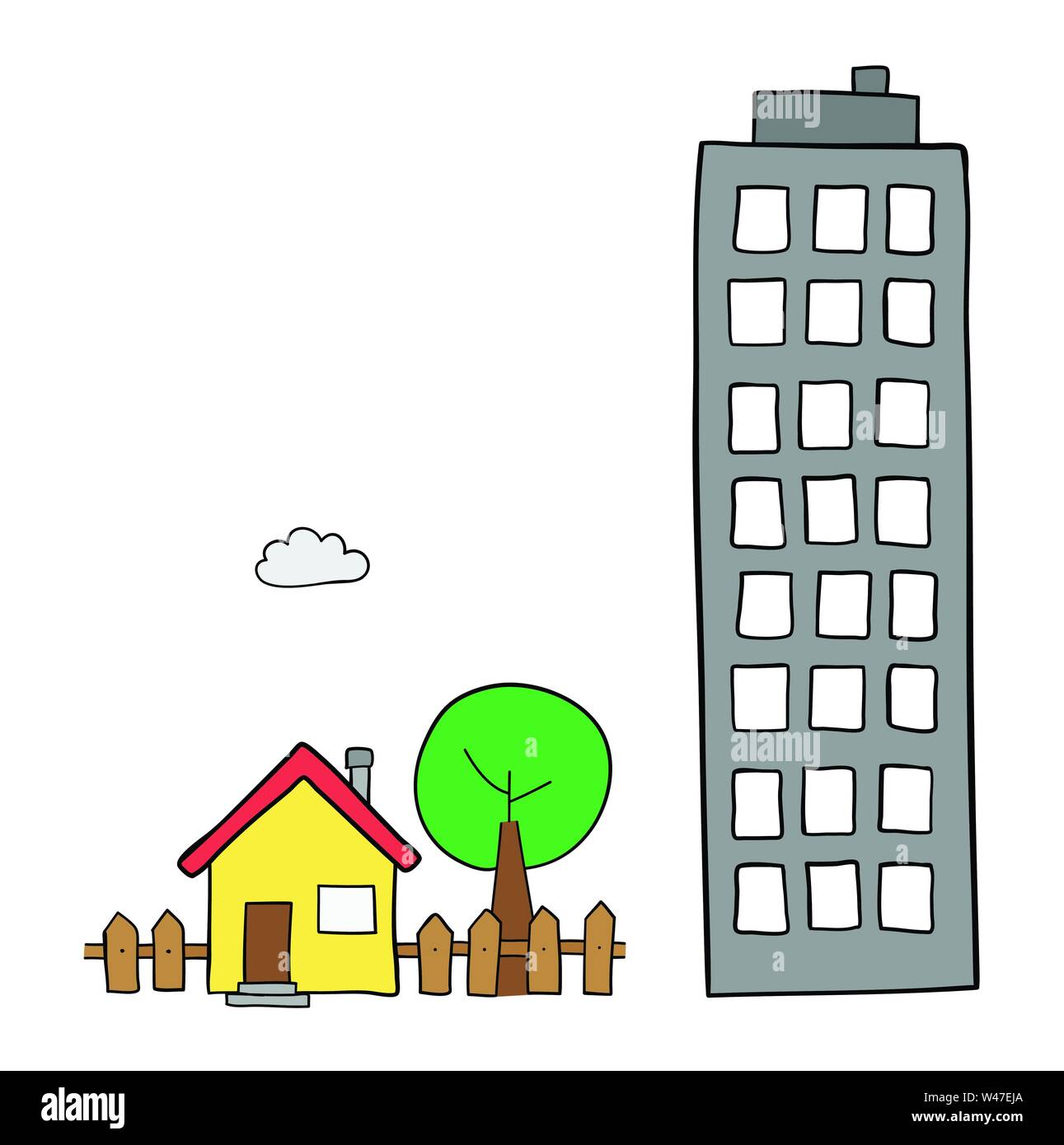 Vector hand-drawn illustration of detached house with garden, tree and ...