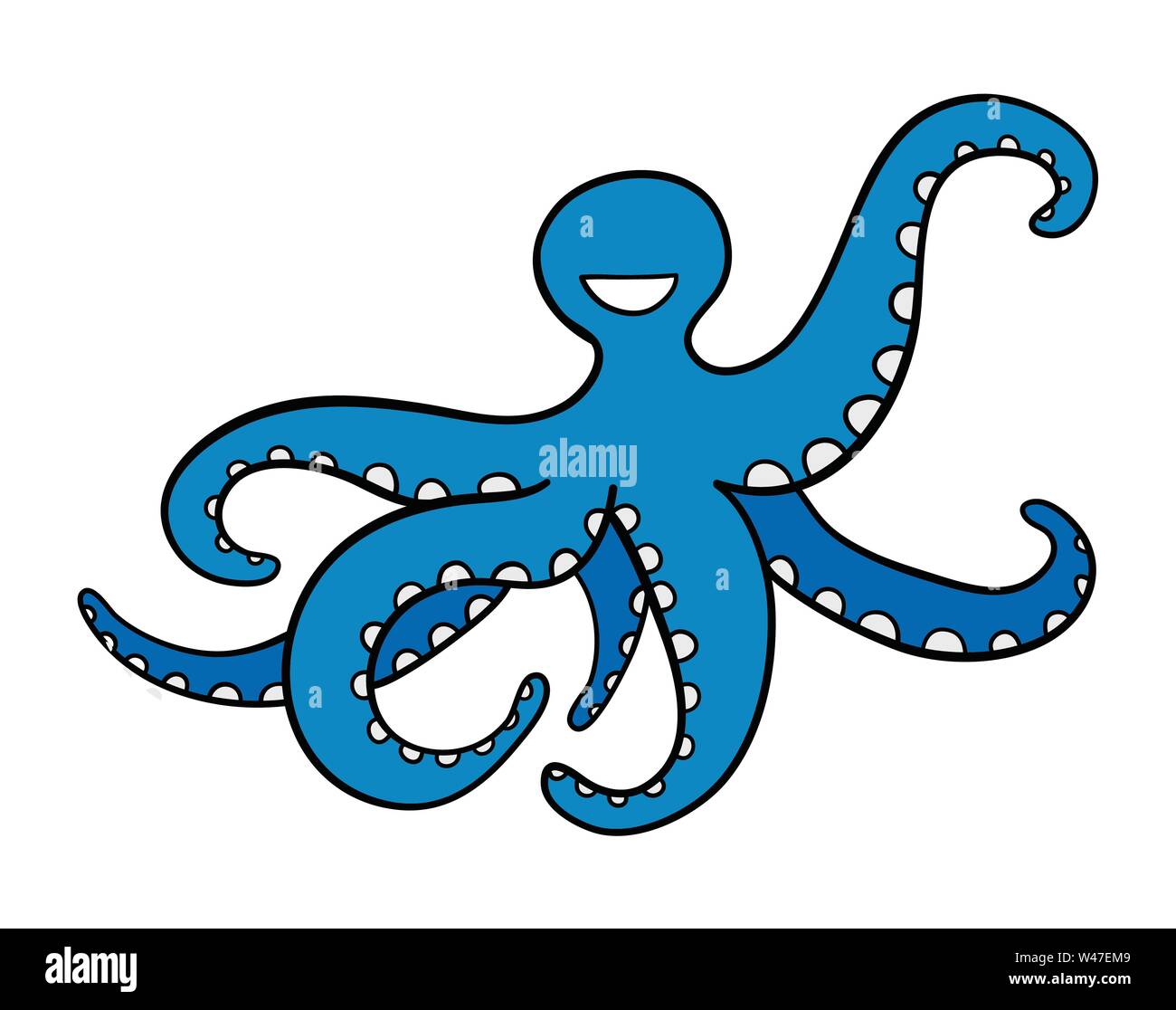 Vector hand-drawn illustration of blue octopus. Black outlines and ...