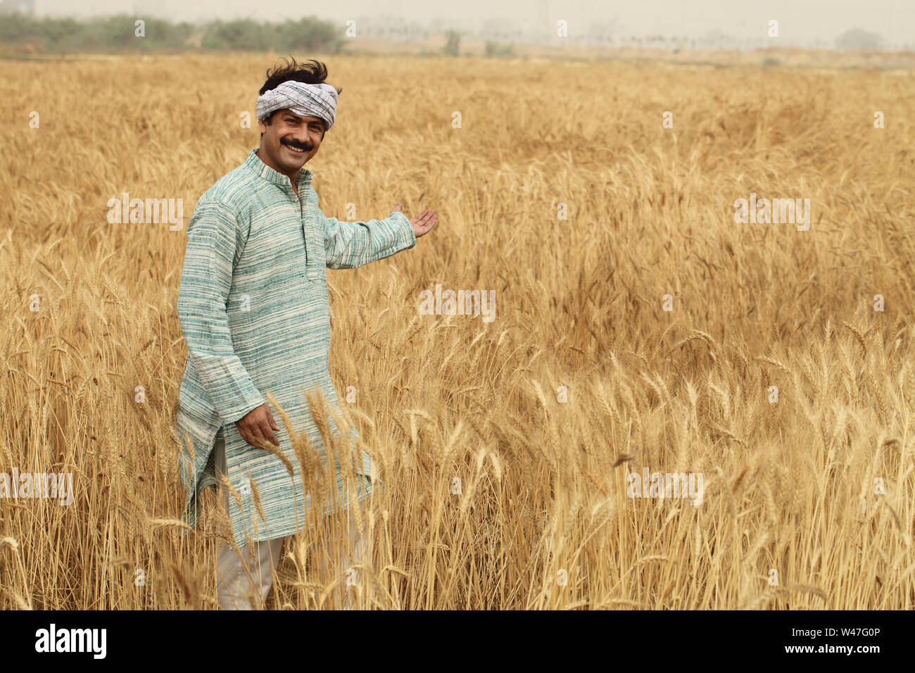 Farmer showing his field and smiling Stock Photo - Alamy