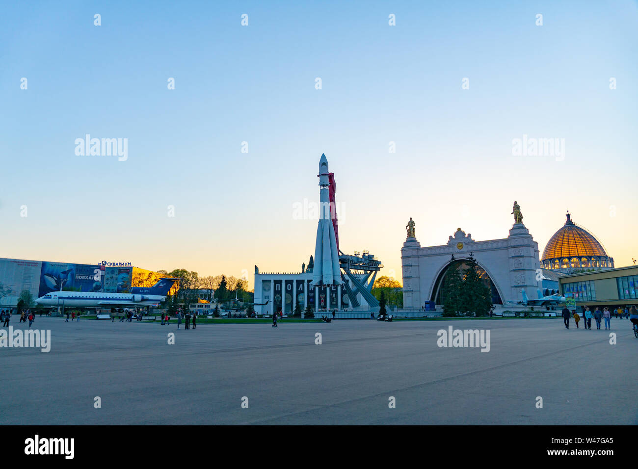 Moscow, Russia, April 30, 2019: Russian spaceship Vostok 1, monument of the first soviet rocket at VDNH. astronautics in USSR, history of Gagarin's fl Stock Photo