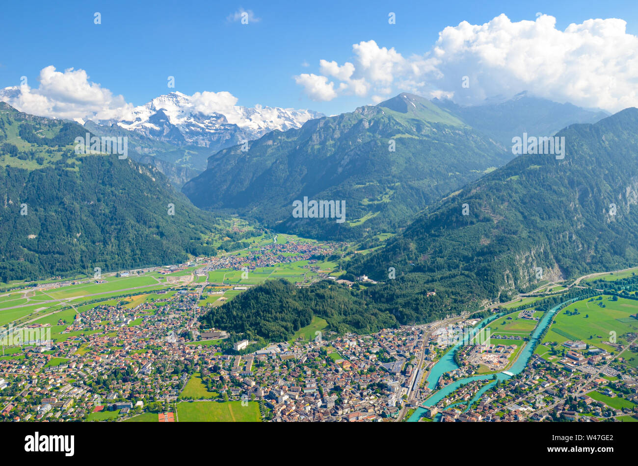 Amazing view of Interlaken and adjacent mountains photographed from the top of Harder Kulm, Switzerland. Swiss Alps. Beautiful landscapes. Amazing landscape. Jungfrau, river. Stock Photo