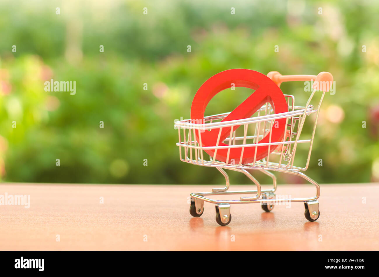 Red Prohibition symbol NO on a supermarket trading cart. Embargo, trade wars. Restriction on the importation of goods, proprietary for business. Inabi Stock Photo