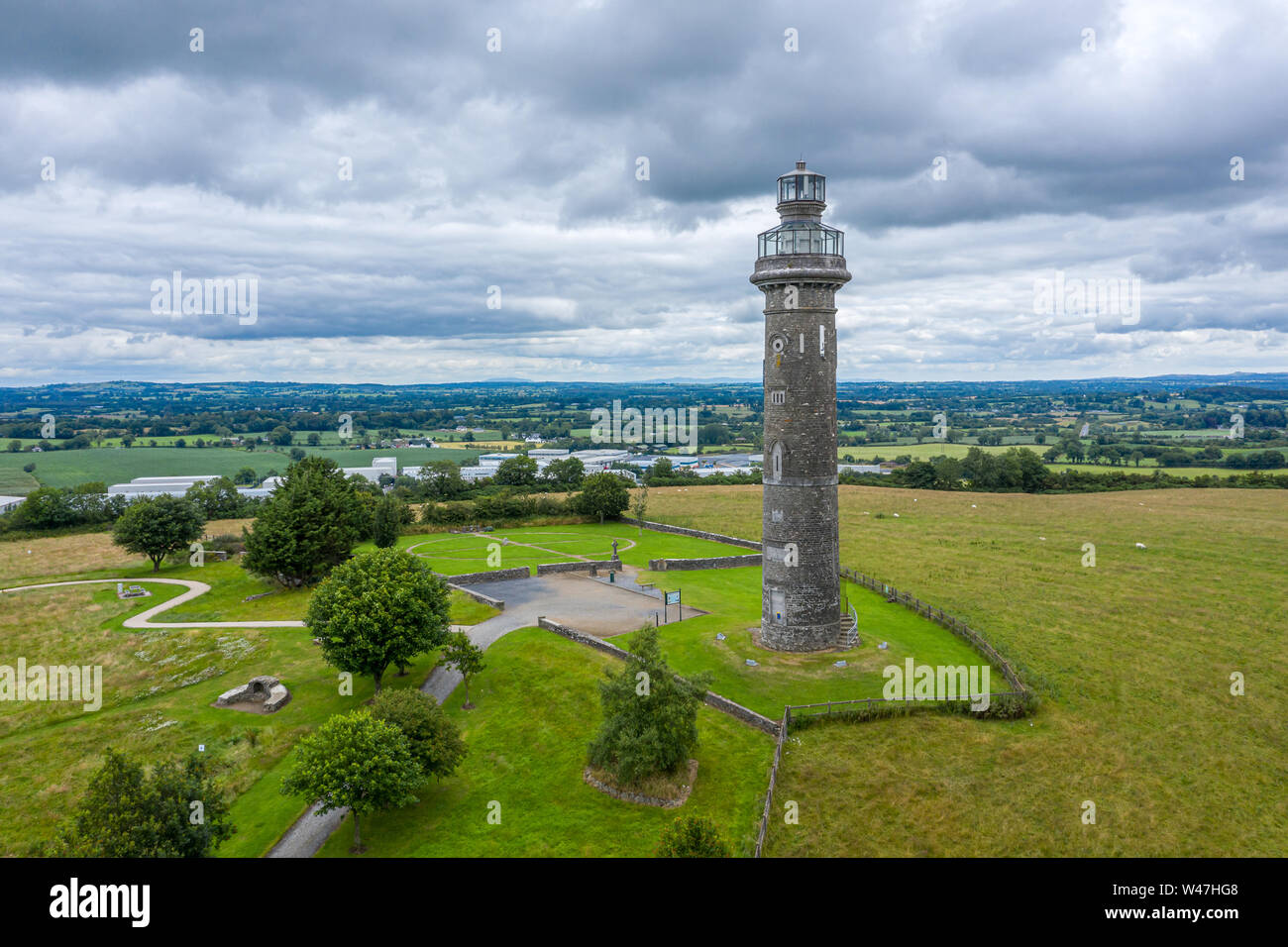 Spire of Lloyd in Kells, Ireland is an 18th-century folly in the form of a Doric column, surmounted by a glazed lantern. Stock Photo