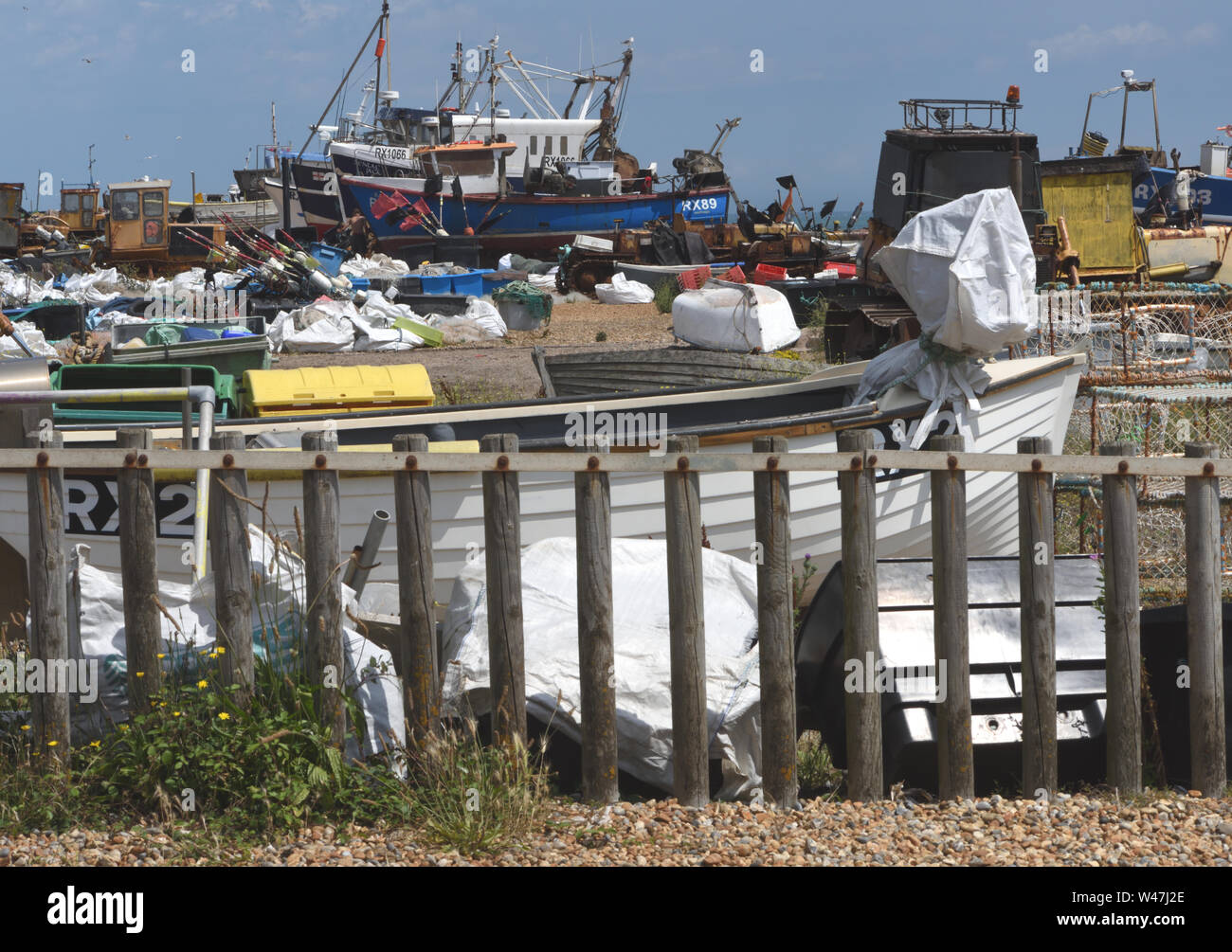 Fishing boats and fishing equipment on The Stade in Hastings. Hastings