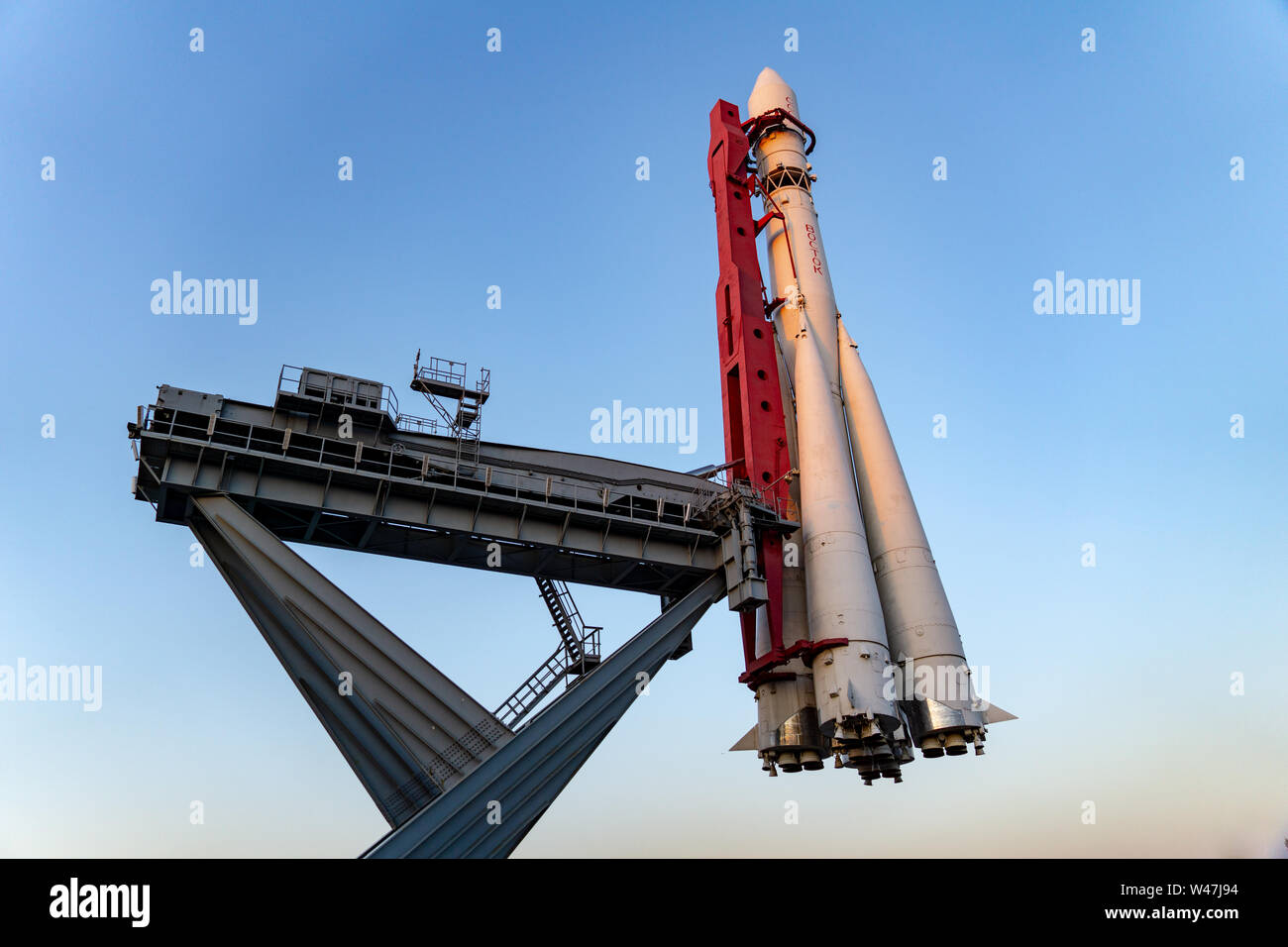 Scale reproduction of Vostok 1 rocket used by Yuri Gagarin in the first space flight, All-Russia Exhibition Center, Moscow, Russia. Stock Photo
