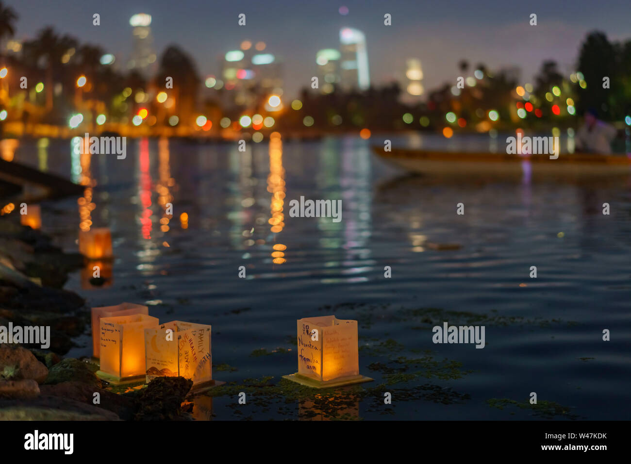 Close up of many lantern with downtown skyline in Lotus Festival Echo