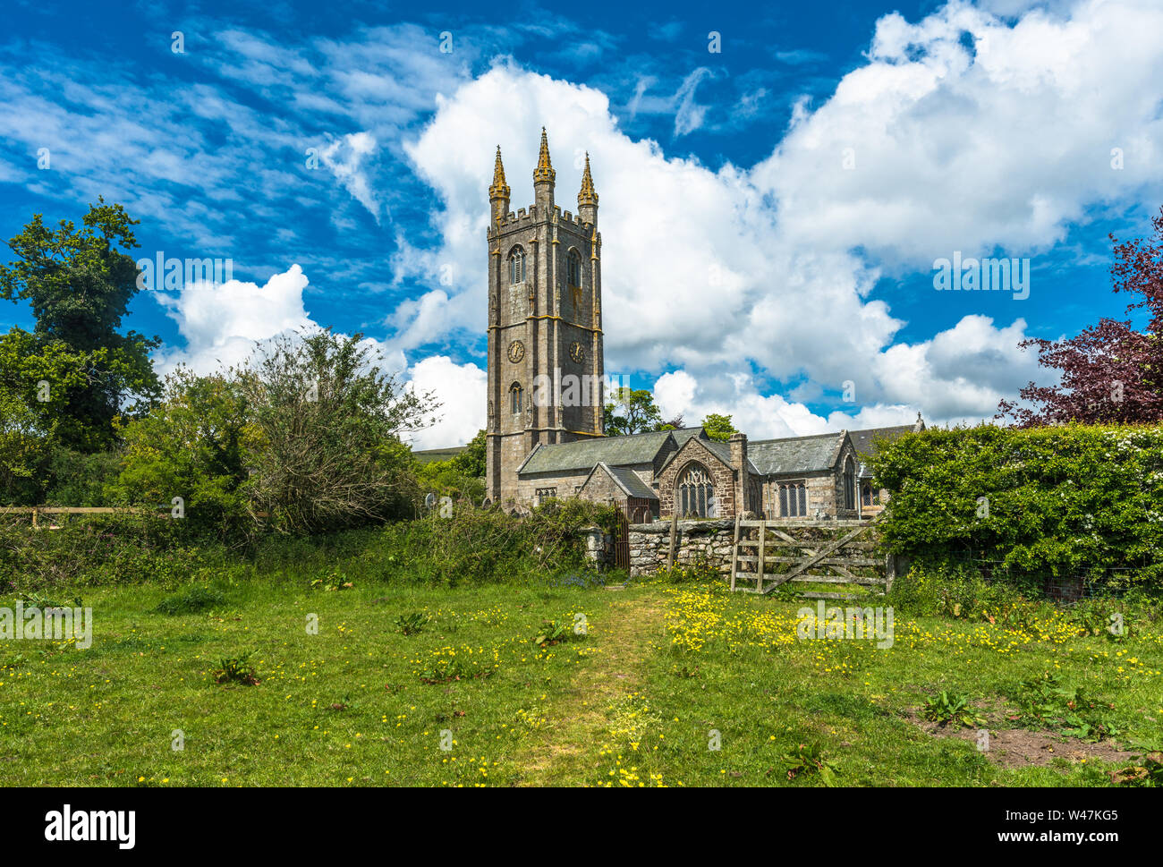 St Pancras Church at Widecombe in the Moor village in Dartmoor National park, Devon, England, UK. Stock Photo