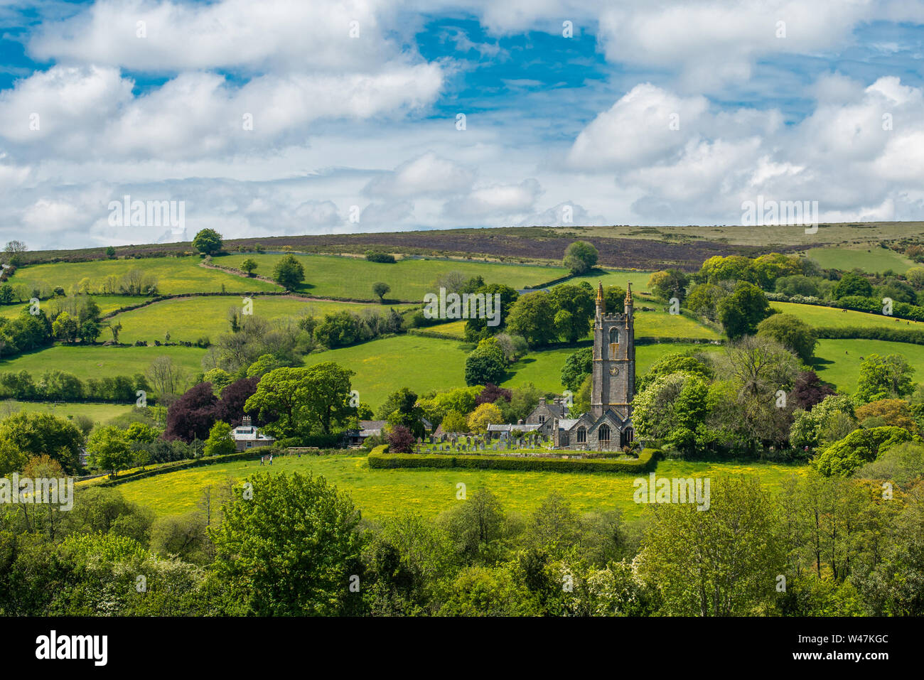 St Pancras Church at Widecombe in the Moor village in Dartmoor National park, Devon, England, UK. Stock Photo