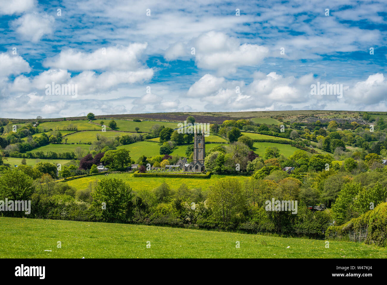 St Pancras Church at Widecombe in the Moor village in Dartmoor National park, Devon, England, UK. Stock Photo