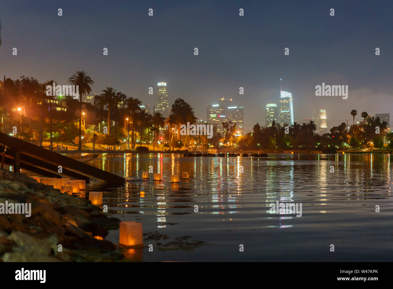 Close up of many lantern with downtown skyline in Lotus Festival Echo