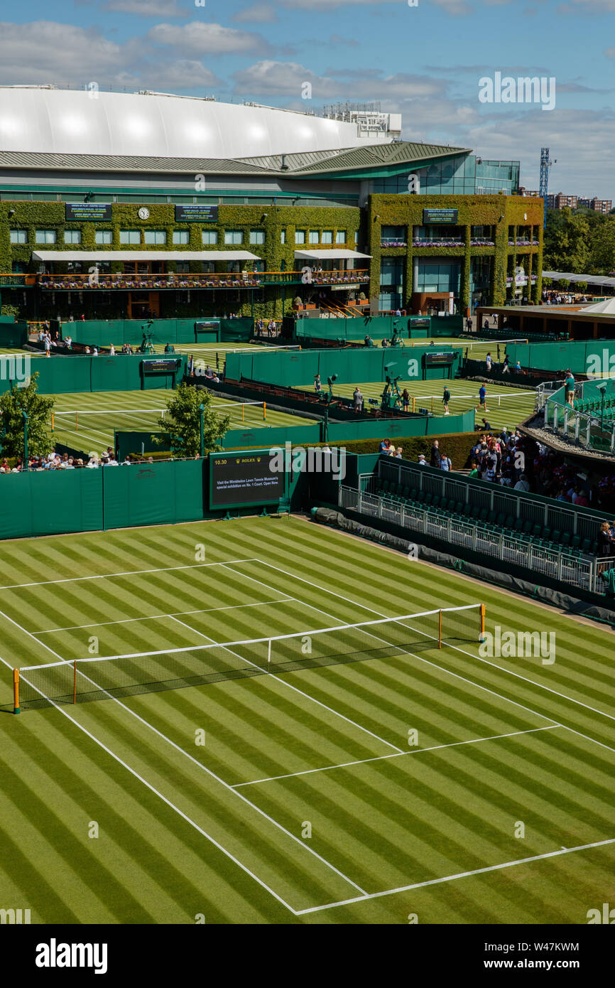 General View of Centre Court and the grounds around Wimbledon. The Championships 2019. Held at The All England Lawn Tennis Club, Wimbledon. Stock Photo