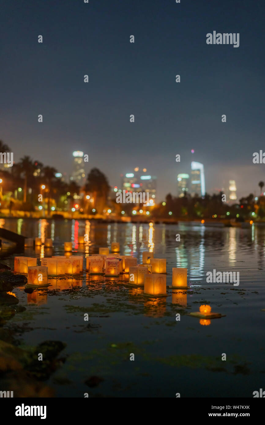 Close up of many lantern with downtown skyline in Lotus Festival Echo