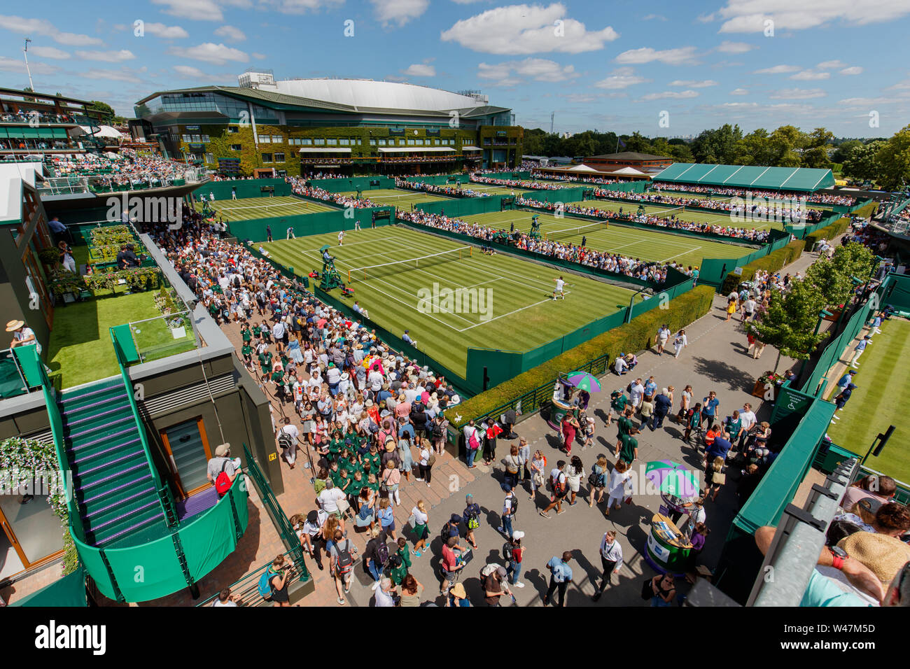 General View of Centre Court and The Wimbledon Championships 2019. Held at The All England Lawn Tennis Club, Wimbledon. Stock Photo