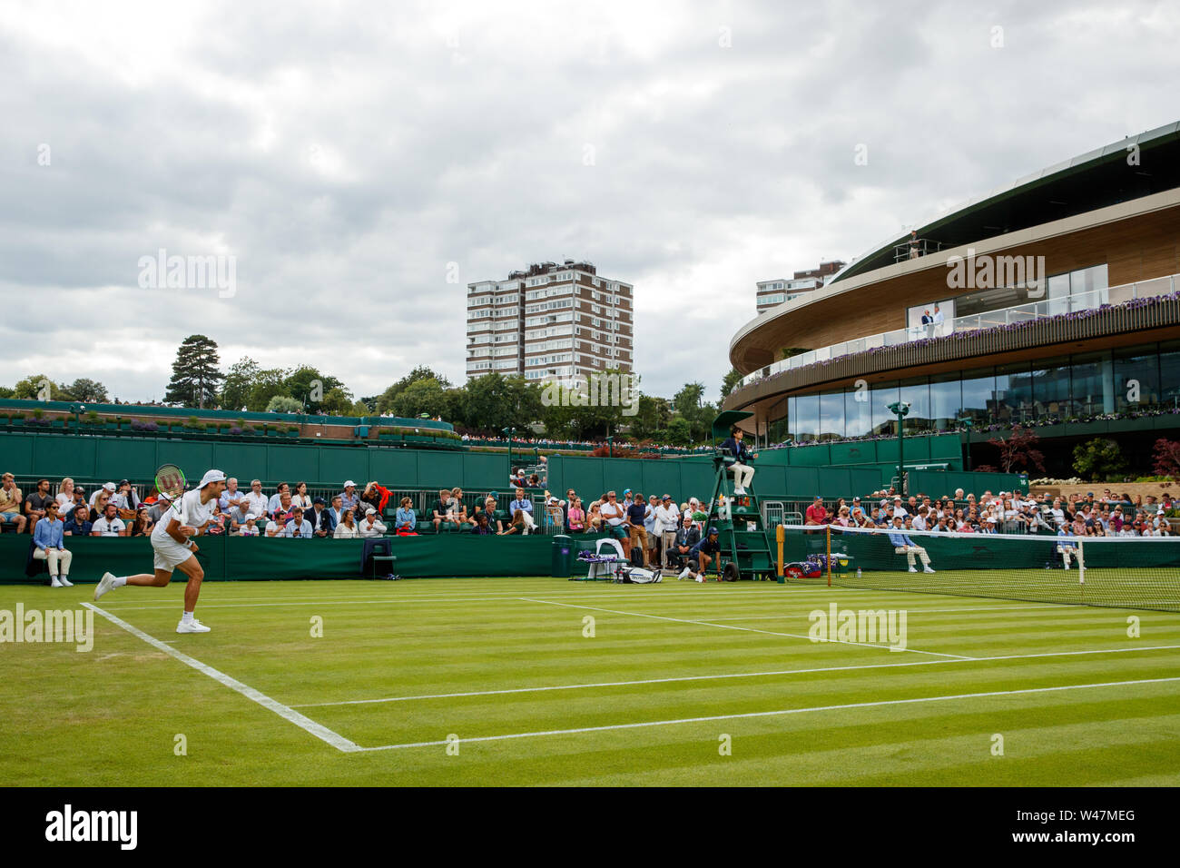 General View at with outside courts and No.1 Court at The Wimbledon Championships 2019. Held at The All England Lawn Tennis Club, Wimbledon. Stock Photo