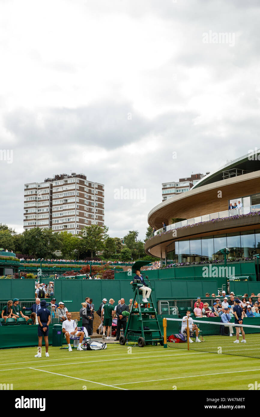General View at with outside courts and No.1 Court at The Wimbledon Championships 2019. Held at The All England Lawn Tennis Club, Wimbledon. Stock Photo