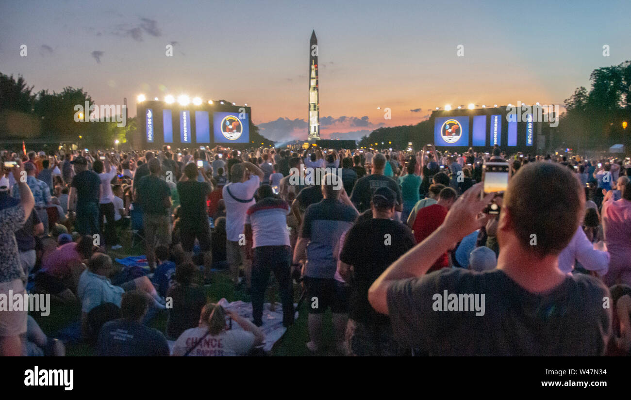 Life-sized projections on the Washington Monument of the 365 foot tall Saturn V Apollo moon rocket wowed audiences on the National Mall during celebra Stock Photo