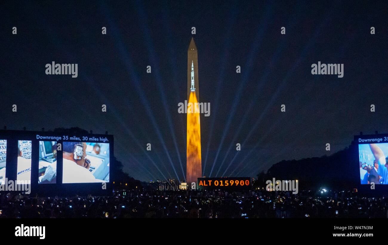 Life-sized projections on the Washington Monument of the 365 foot tall Saturn V Apollo moon rocket wowed audiences on the National Mall during celebra Stock Photo