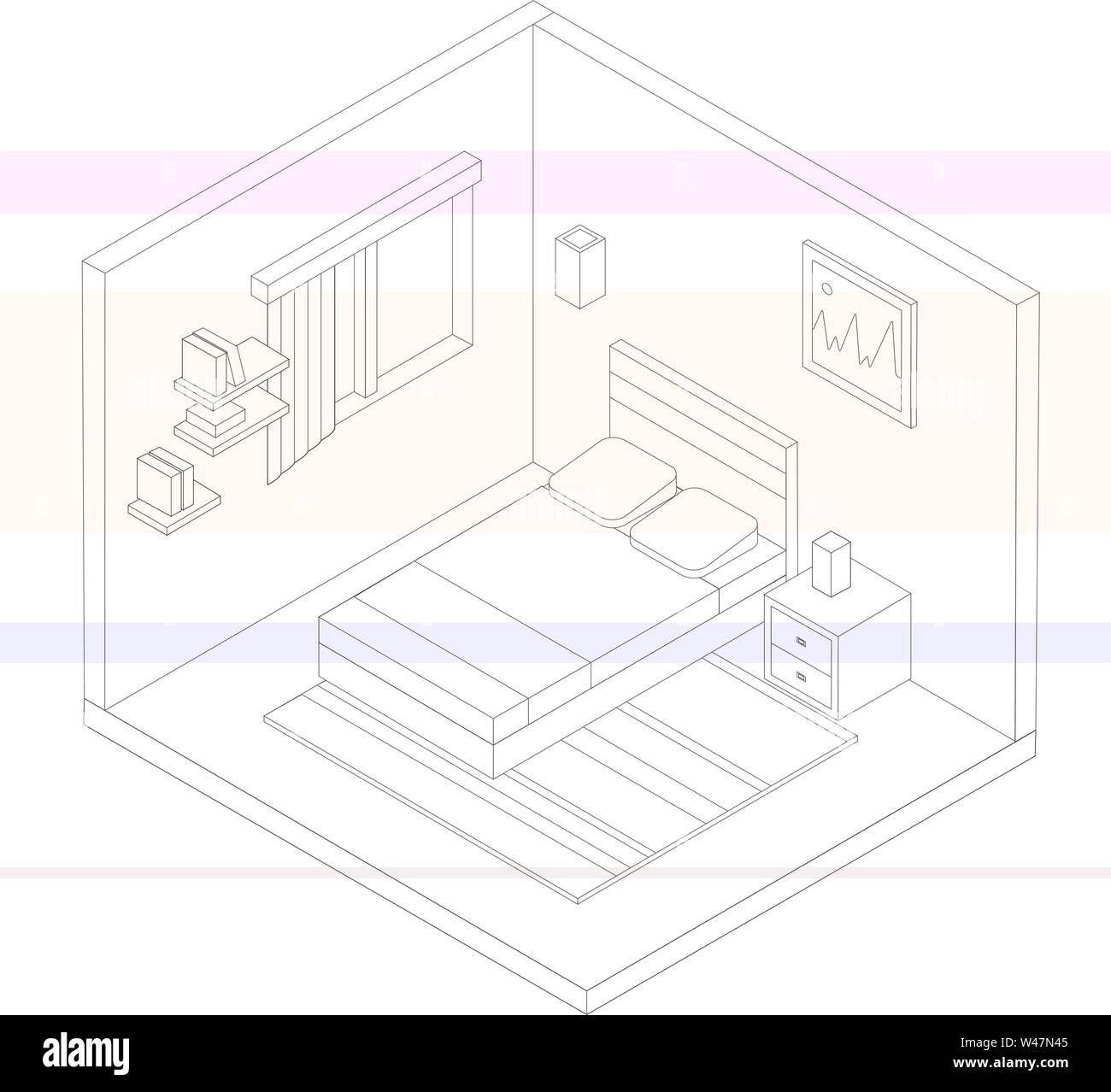 Isometric Bedroom Outline Illustration Vector Flat Illustration