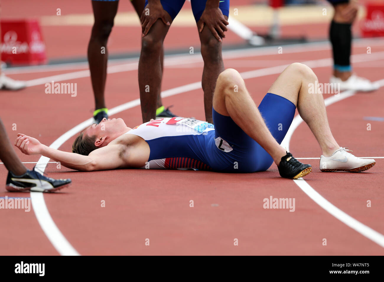 London, UK. 20th July 19. Karsten WARHOLM (Norway) exhausted after winning the Men's 400m Hurdles Final at the 2019, IAAF Diamond League, Anniversary Games, Queen Elizabeth Olympic Park, Stratford, London, UK. Credit: Simon Balson/Alamy Live News Stock Photo