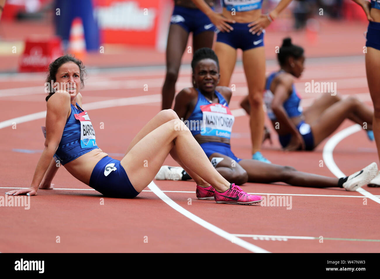 London, UK. 20th July 19. Daryia BARYSEVICH (Belarus) exhausted after competing in the Women's 1500m Final at the 2019, IAAF Diamond League, Anniversary Games, Queen Elizabeth Olympic Park, Stratford, London, UK. Credit: Simon Balson/Alamy Live News Stock Photo