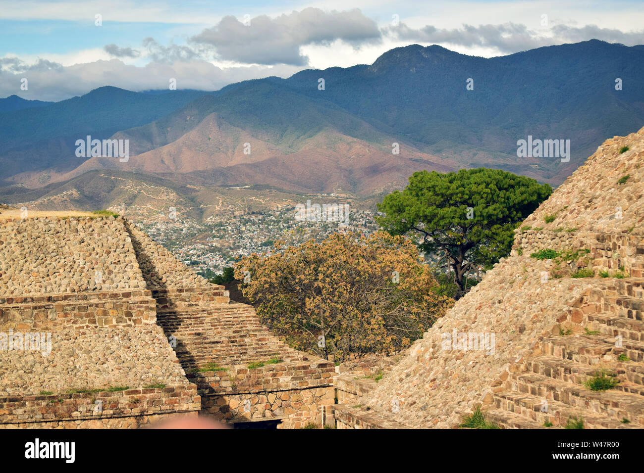 View of the ancient pyramids of Teotihuacan with Valley of Mexico mountains in the background. Stock Photo