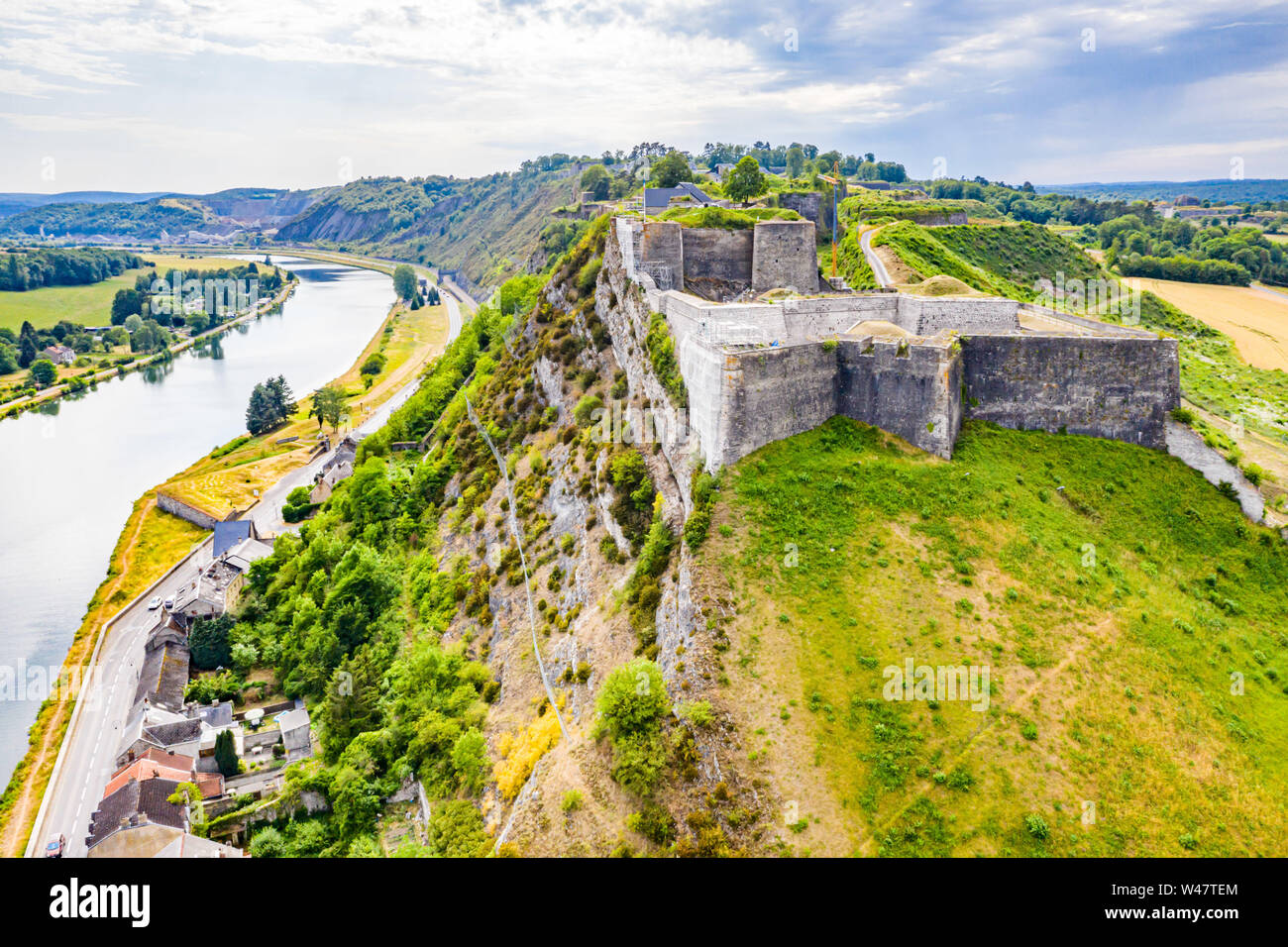 Fortress of Charlemont protects Givet town on the Belgian border and dominates Meuse river as it bends. Citadel, surrounded by outworks. Ardennes depa Stock Photo