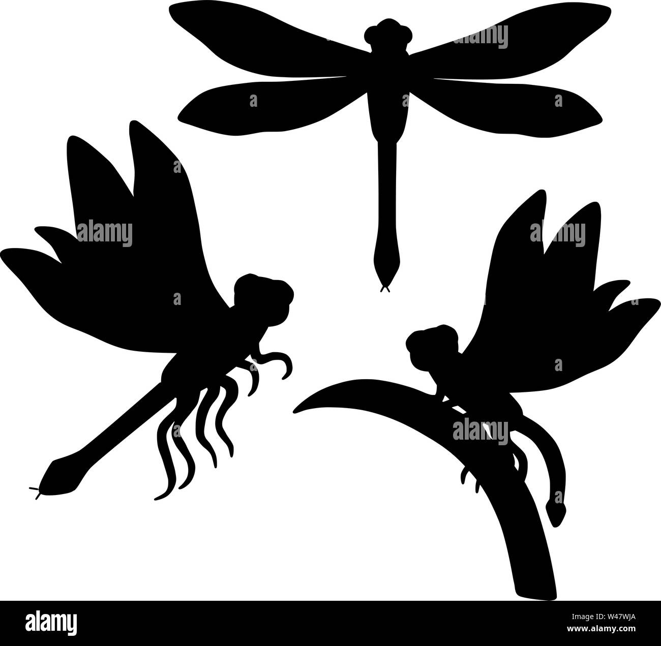 Dragonfly Silhouettes Black Cartoon Nature Vector Stock Vector