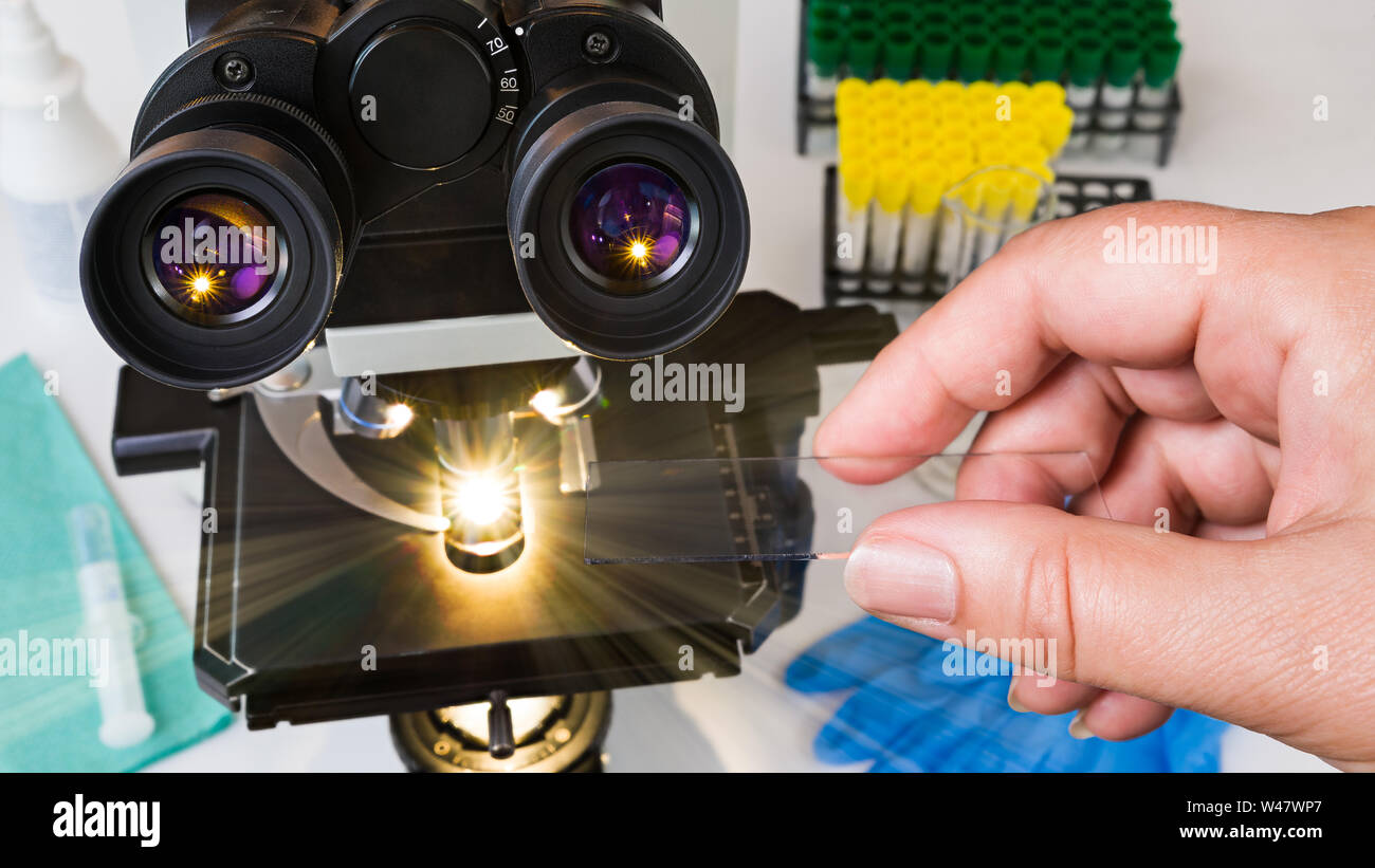 Laboratory optical microscope. Human hand holding a specimen on glass slide. Black medical scope, eyepieces, shining light rays and test tubes in rack. Stock Photo