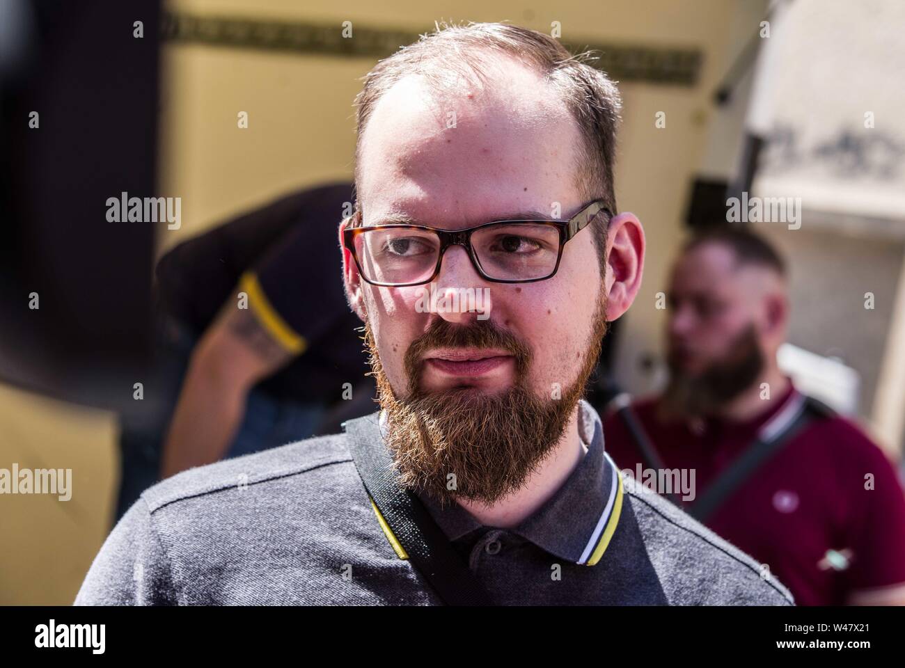 Halle Saale, Sachsen Anhalt, Germany. 20th July, 2019. ROBERT TIMM, one of the nationally active figures of the right-extremist, white supremacist Identitaere Bewegung. Amid protests, the white supremacist, right extremist Identitaere Bewegung (Generation Identity, Identitaren Movement) held a rally in Halle (Saale). The Identitaere have recently faced numerous challenges, including raids to explore the connection of its head Martin Sellner to the Christ Church shooter, as well as in Germany where the IB was officially classified as 'right-extremist''. The group has renewed the use of the Stock Photo