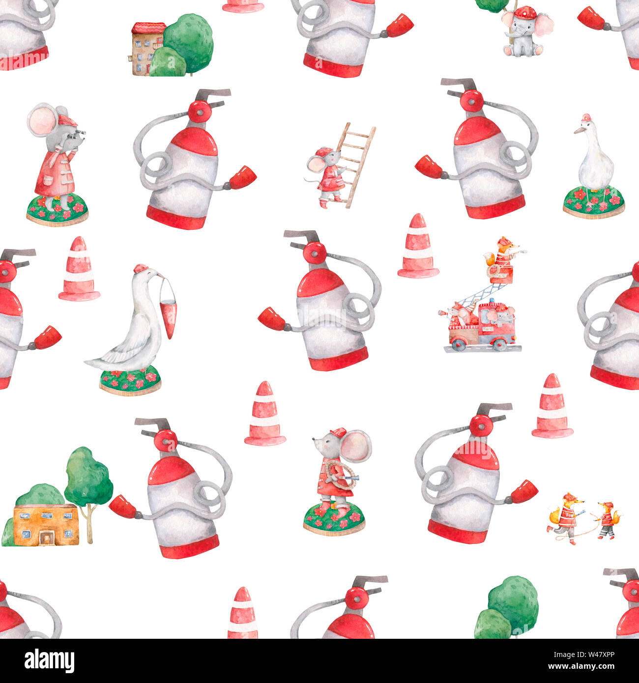 Watercolor seamless pattern with mouse, goose fire extinguisher on the white background, aquarelle pencil. illustration. Hand-drawn simple decorative Stock Photo