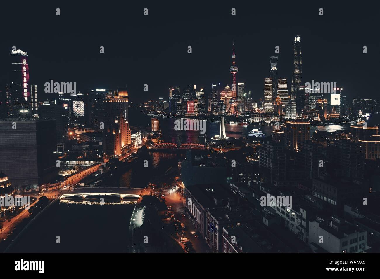 Shanghai Pudong aerial night view from above with city skyline and ...