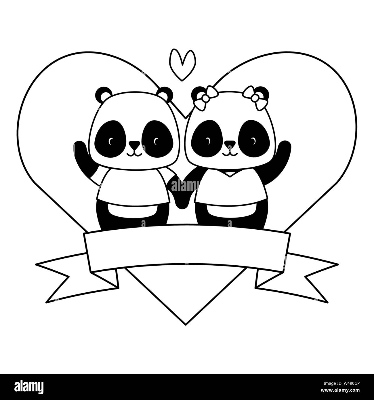 cute couple panda animals heart love ribbon Stock Vector Image & Art - Alamy