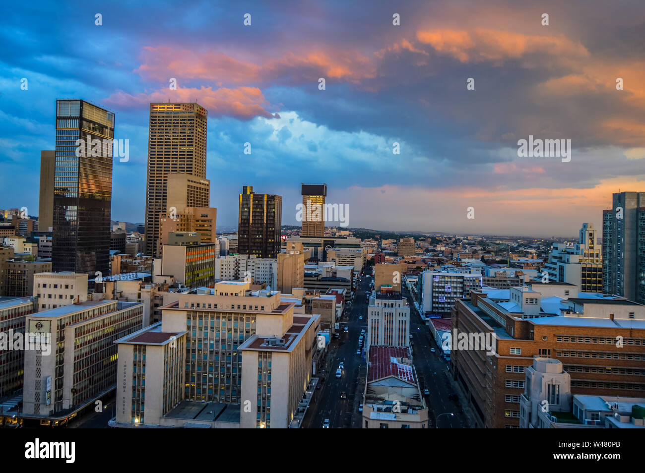 Aerial shot of Johannesburg city skyline and high rise towers and buildings Stock Photo