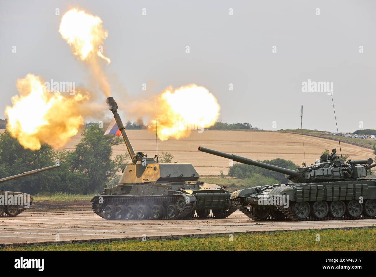 SAMBEK, ROSTOV REGION, RUSSIA, JUNE 28, 2019: International military technical forum ARMY-2019. Self-propelled howitzer 2S3M «Akatsiya» is shooting Stock Photo