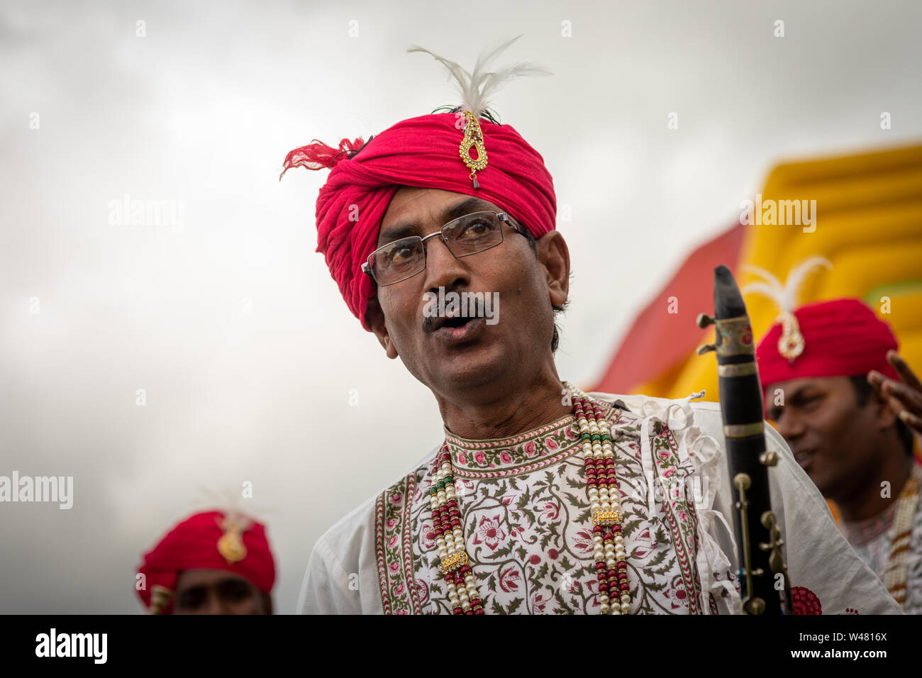 Indian musician performing, Rajasthan Heritage Brass Band, UK Stock Photo