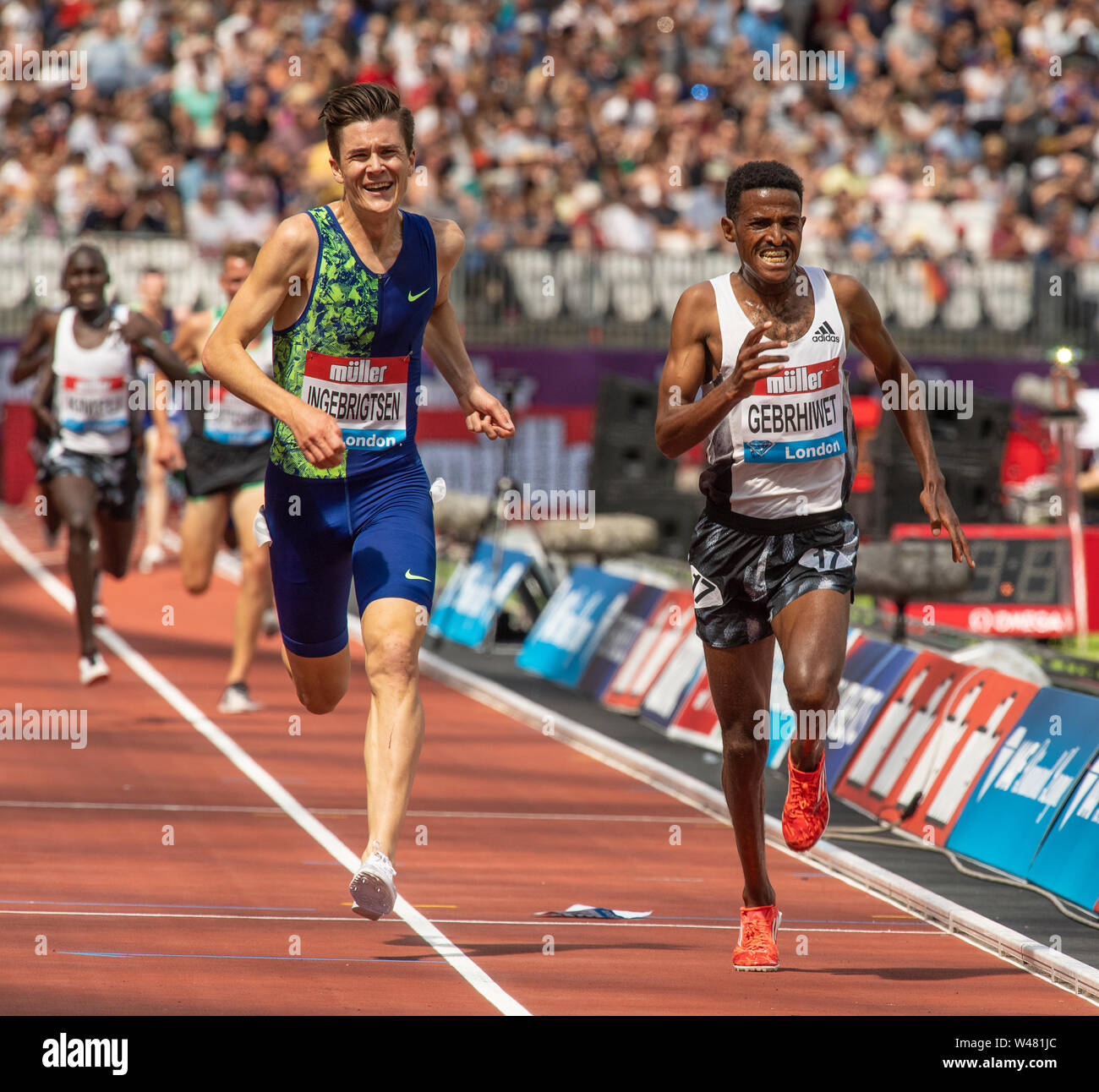London, UK. 20th July, 2019. LONDON, ENGLAND - JULY 20: Jakob Ingebrigtsen of Norway and Hagos Gebrhiwet of Ethiopia (R) race to the finishing line in the Men's 5000m during Day One of the Muller Anniversary Games IAAF Diamond League event at the London Stadium on July 20, 2019 in London, England. Gary Mitchell/ Alamy Live News Stock Photo